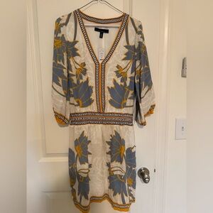 Floral V-Neck Dress with Blue and Yellow Accents